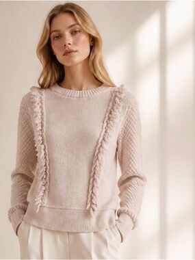 KINROSS Sweater Pullover Soft Blush Pink Crew Neck Waffle Fringe